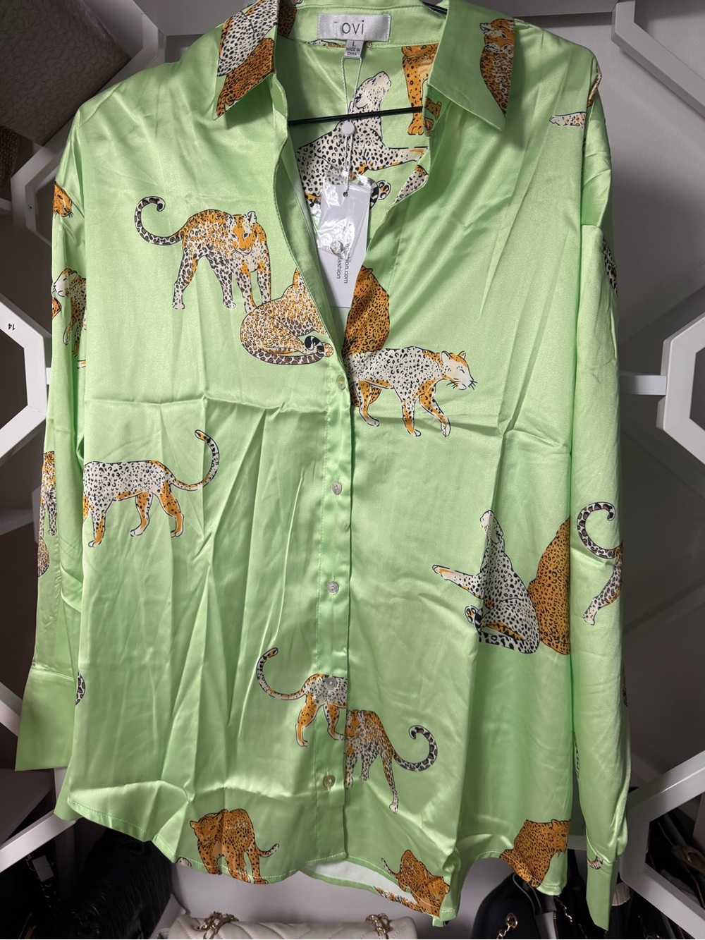 Ovi Lime Green Satin Leopard Print Shirt